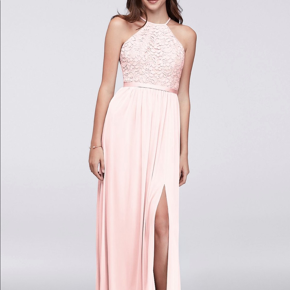 Davids Bridal Petal Pink open back chiffon dress